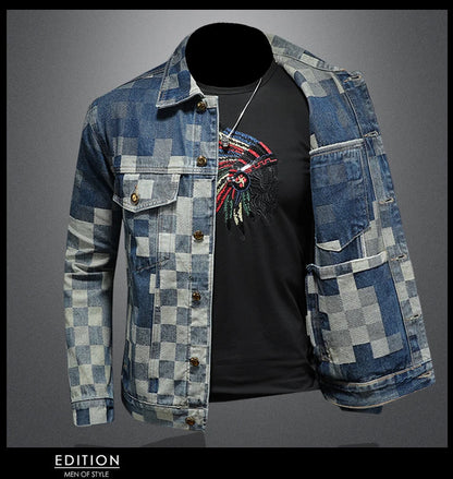 2025 Autumn Vintage Checkered Denim Jacket for Men Flip Collar Single Breasted Casual Business Jacket Social Street Wear Jeans