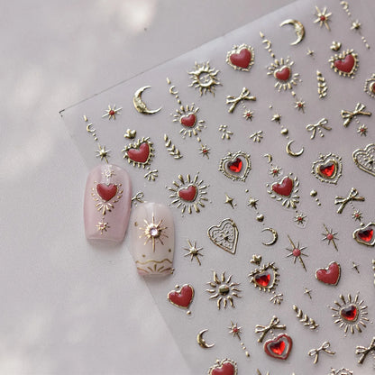 Gold Totem Red Heart Nail Art Stickers Aurora Holographic Star Moon Butterfly 5D Self Adhesive Nail Art RhinestoneS Stickers DIY