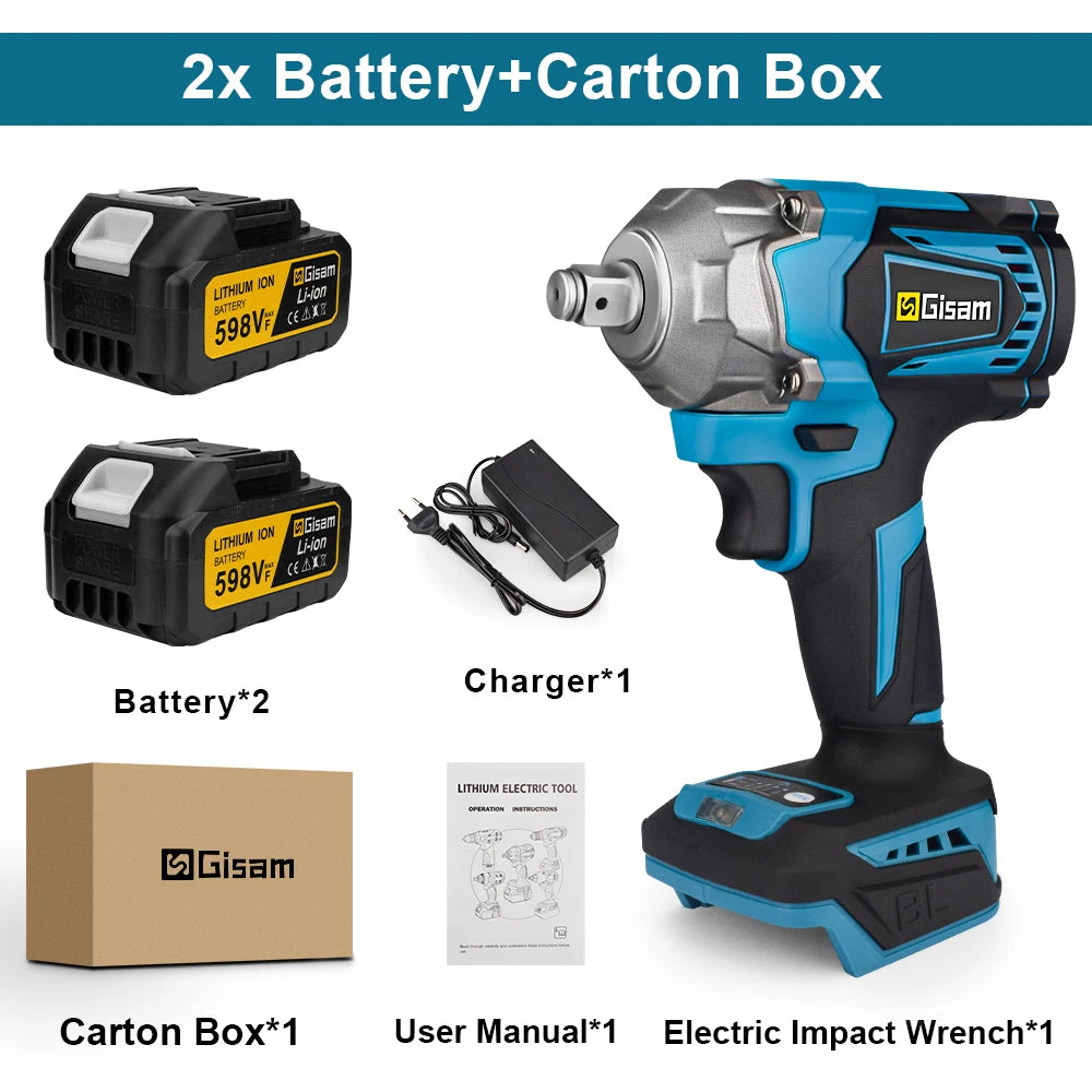 Gisam 1200NM Brushless Electric Impact Wrench Rechargeable Wrench 1/2" Car Tires Cordless Power Tools For Makita 18V Battery Pin