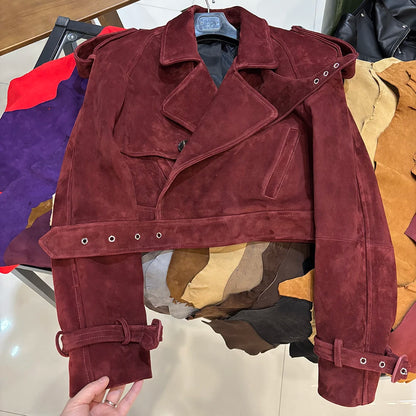 YOLOAgain Wide Shoulder Real Leather Jacket Women Oversized Genuine Leather Cropped Jacket