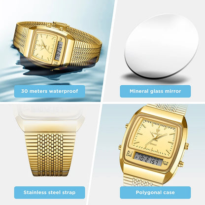 New Fashion Casual Watch Men Digital Dual Time Week Gold Sport 3bar Waterproof Quartz Wristwatches Clock relogio masculino L1030