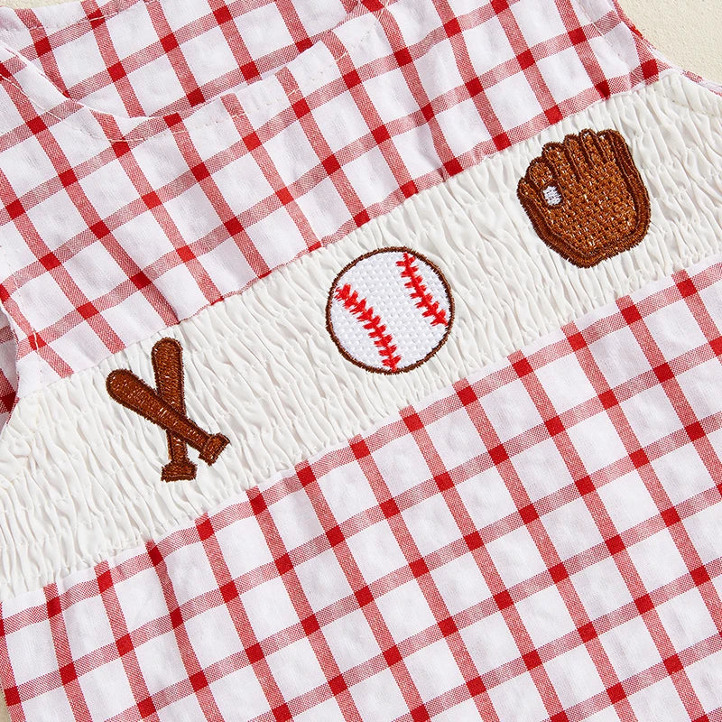 Newborn Baby Boy Girl Baseball Outfit Sleeveless Overalls Romper Smocked Baseball Bubble Summer Plaid Bodysuit