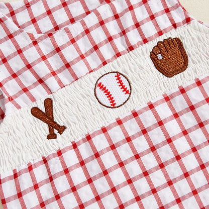 Newborn Baby Boy Girl Baseball Outfit Sleeveless Overalls Romper Smocked Baseball Bubble Summer Plaid Bodysuit