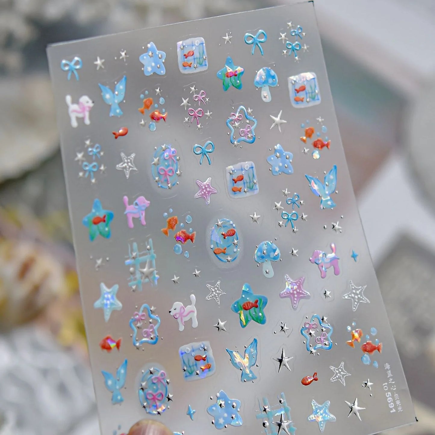5D Starfish Fish Tail Small Fish Blue Bow Shell Silver Glitter Star Nail Art Stickers Ocean Fantasy Summer Nail Decals Manicure