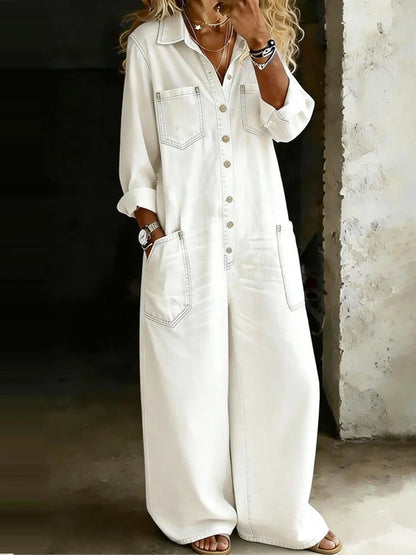 Casual Lapel Button Commute High Waist Romper Spring Summer Lady Playsuits Overalls Vintage Denim Long Sleeve Wide Leg Jumpsuits