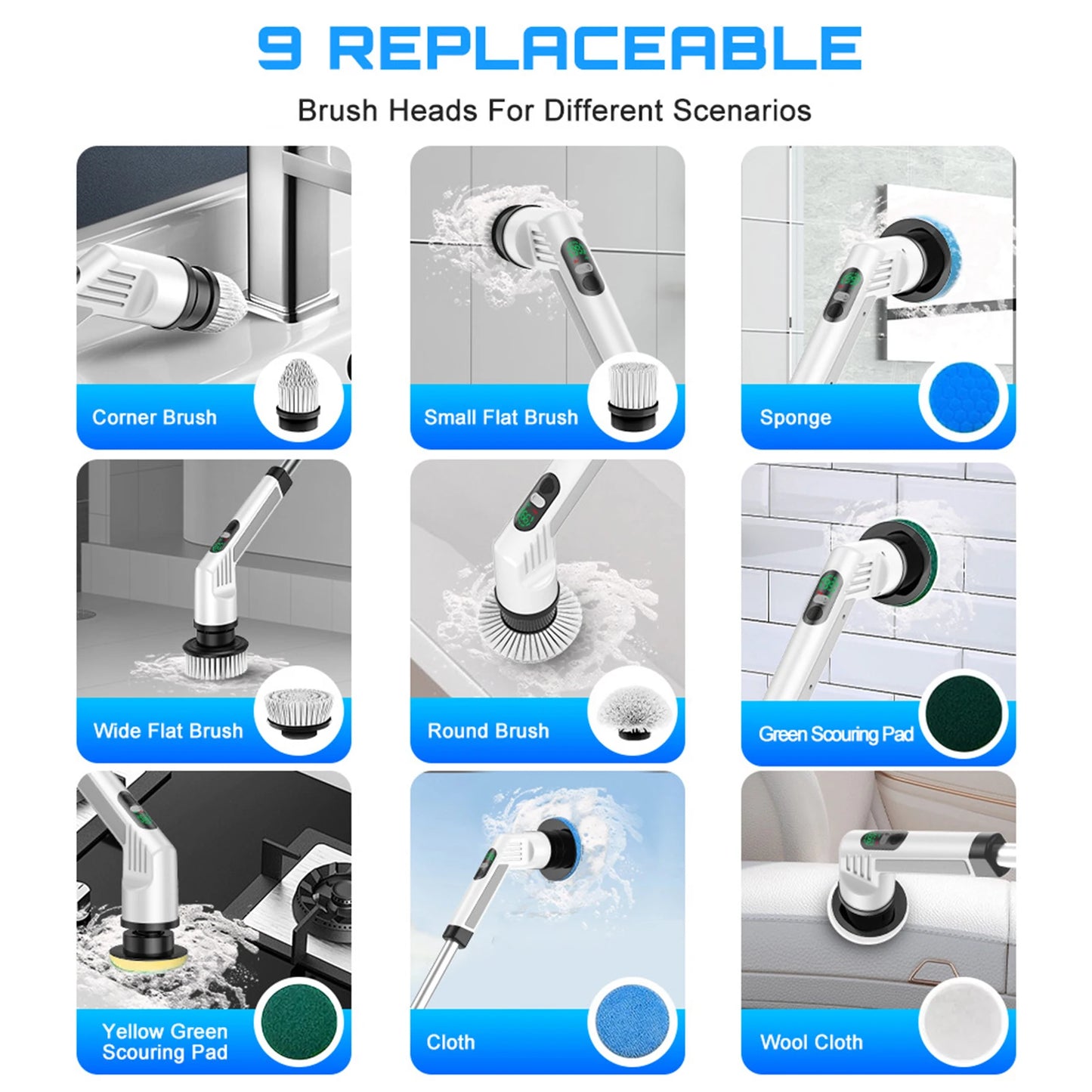TINSOL 9-in-1 Multi-Function Electric Cleaning Brush Adjustable Automatic Rotating Scrubber Kitchen & Bathroom Cleaning Brush