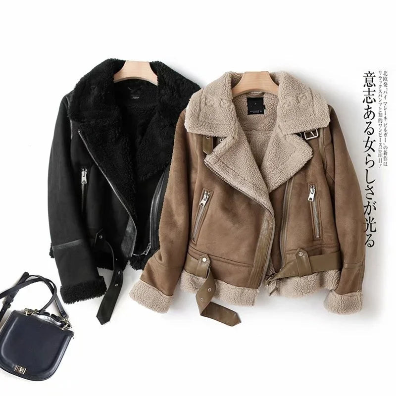 Winter Faux Shearling Sheepskin Fake Leather Jackets Lady Thick Warm Suede Lambs Motorcycle Brown Coats Mujer Chaqueta A407