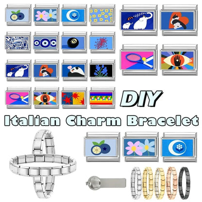 Fashion Blue NO.8 Ball Panda Elephant Cat Flower Italian Charms Fit 9mm Stainless Steel Women Fashion Bracelet DIY Jewelry Gifts