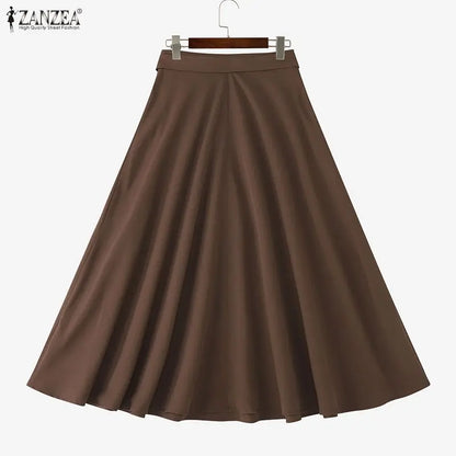 ZANZEA Elegant Maxi Skirts 2026 Women Elastic Waist Jupes Casual Faldas Saia Belted High Waist Fashion Solid Street Overskirts