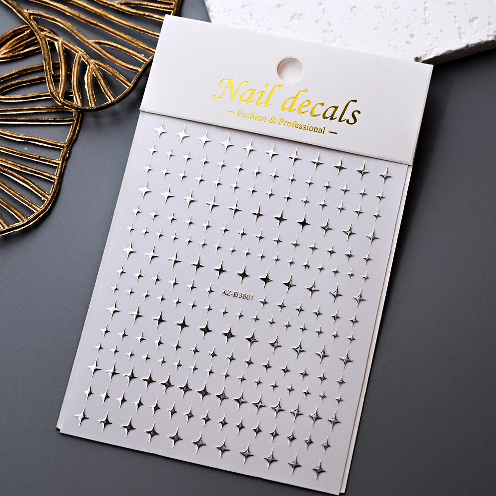 1pc Sliver Gold Star Nail Art Stickers Y2K Charms Self-Adhesive Sliders Laser White Chrome Gel Polish Decals Kawaii Accesories