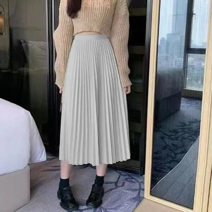 Women Summer Solid Pleated Satin Long Skirt Korean New Fashion Ladies Work Casual Elastic High Waist A Line Party Loose Skirts