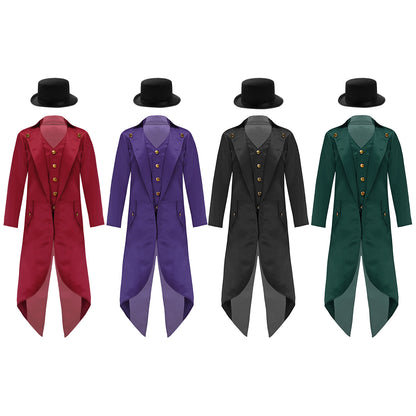 Kids Boys Vintage Steampunk Tailcoat Jacket Halloween Costume Gothic Medieval Clothes Court Uniform Magician Ringmaster Cosplay
