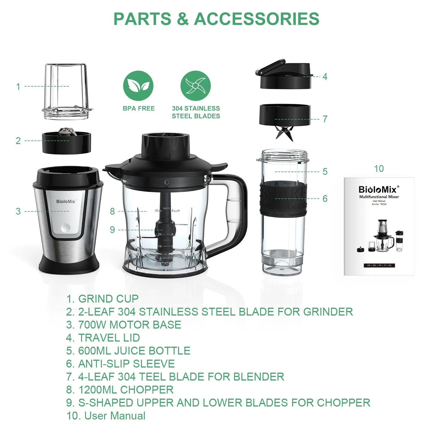 BioloMix 700W Compact Kitchen Blender 3-in-1 Juicer Food Processor and Dry Grinder Perfect for Making Fresh Juices Dips