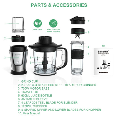 BioloMix 700W Compact Kitchen Blender 3-in-1 Juicer Food Processor and Dry Grinder Perfect for Making Fresh Juices Dips