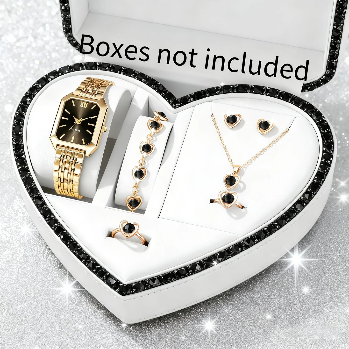 6PCS Elegant Rectangle Women Quartz Watch Rhinestone Jewelry Set Ladies Wristwatches Reloj Mujer（Without Box）