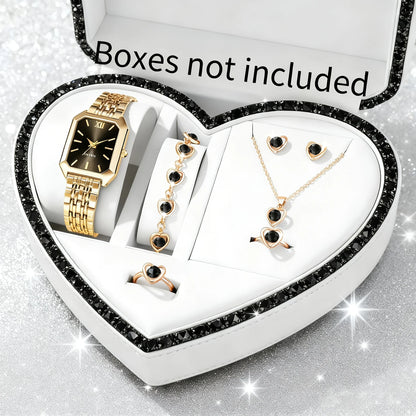 6PCS Elegant Rectangle Women Quartz Watch Rhinestone Jewelry Set Ladies Wristwatches Reloj Mujer（Without Box）