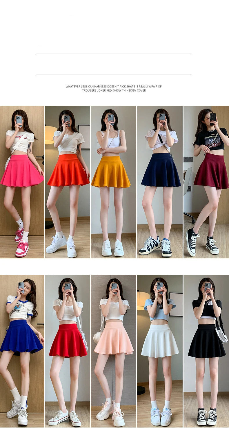 Summer Basic Skirts Women Shorts Mini Elastic Pleated Skirts High Waist Bubble Sun Skirts School Girl Uniform Lined Safety Pants