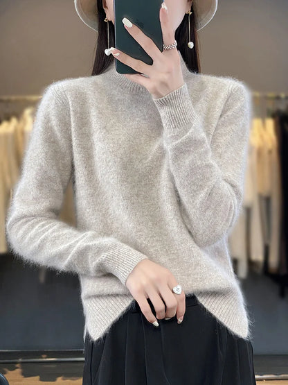 100% Mink Cashmere Sweater Women's Half High Collar Pullover Long Sleeve Cashmere Knitwear Fashion Autumn Winter Female Clothing