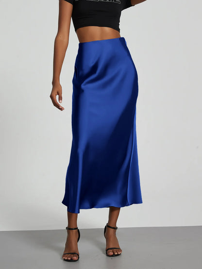 21 Colors New 2026 Women's Elegant High Waist Satin Long Skirts Female Summer Solid Color Faldas