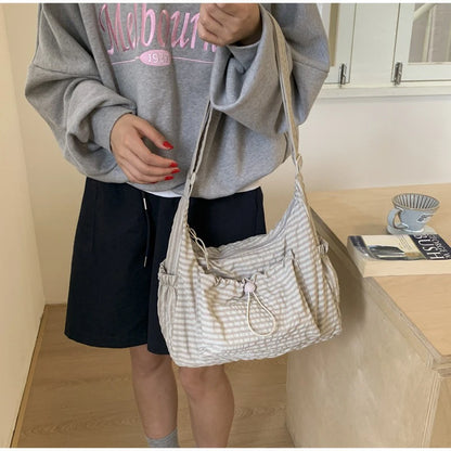 Korean Nylon Shoulder Bag Fashion Simple Plaid Zipper Tote Bag Drawstring Pleated Cloud Bag New Commuter Crossbody Shoulder Bag
