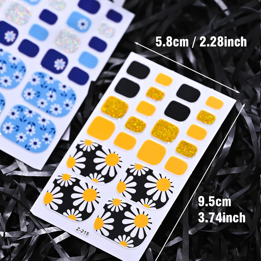 5Sheets Yellow Daisy Toenail Sticker 110Tips Full Cover Baking Free Toe Nail Wraps Elegant Flower Self-Adhesive Toe Polish Strip