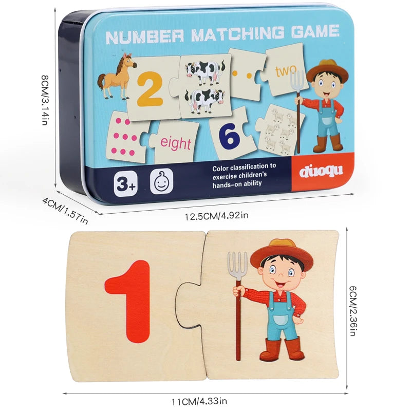 Children's Iron Box Number Enlightenment Paired Wooden Animal Food Puzzle Board Logical Thinking Training Game Educational Toys