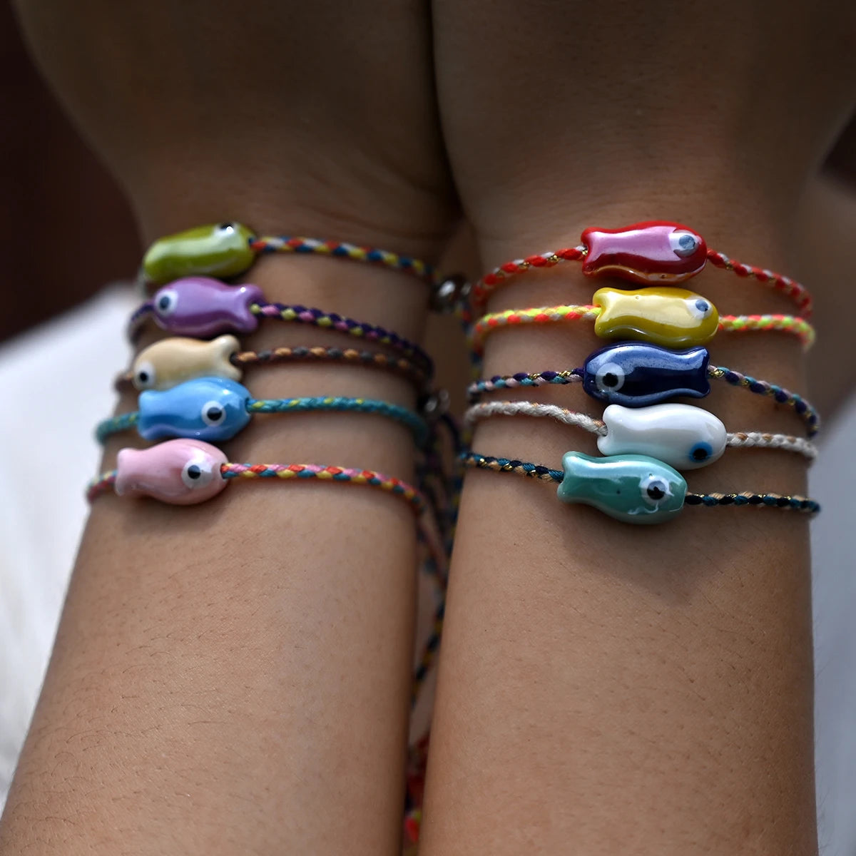 Set of 10Pcs Ceramic Fish Bracelet for Women Handmade Woven Colored Rope Boho Wrap Charm Bracelet Friendship Popular Jewelry