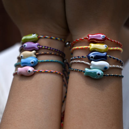 Set of 10Pcs Ceramic Fish Bracelet for Women Handmade Woven Colored Rope Boho Wrap Charm Bracelet Friendship Popular Jewelry