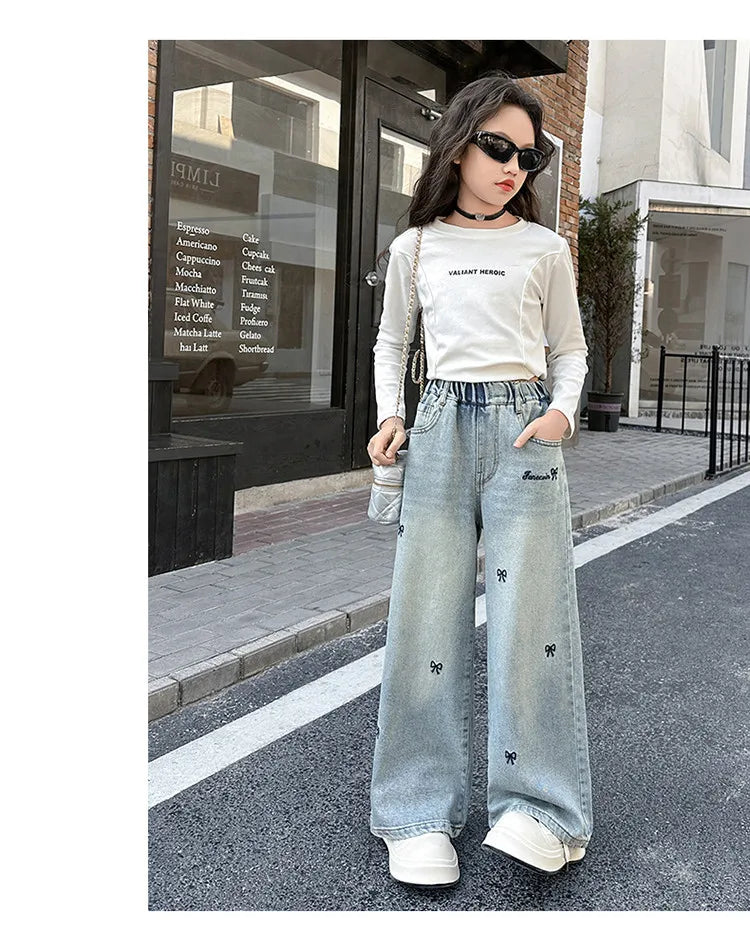 New 4-14 Years Spring Autumn Teenage Girls Jeans Full Print Bow Embroidery Fashion Wide-leg Denim Pants For Kids