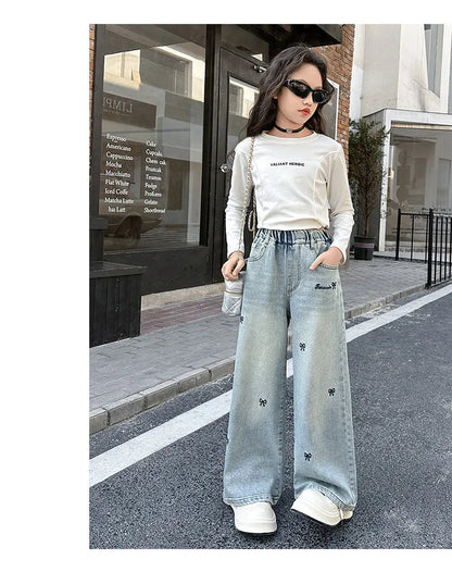 New 4-14 Years Spring Autumn Teenage Girls Jeans Full Print Bow Embroidery Fashion Wide-leg Denim Pants For Kids