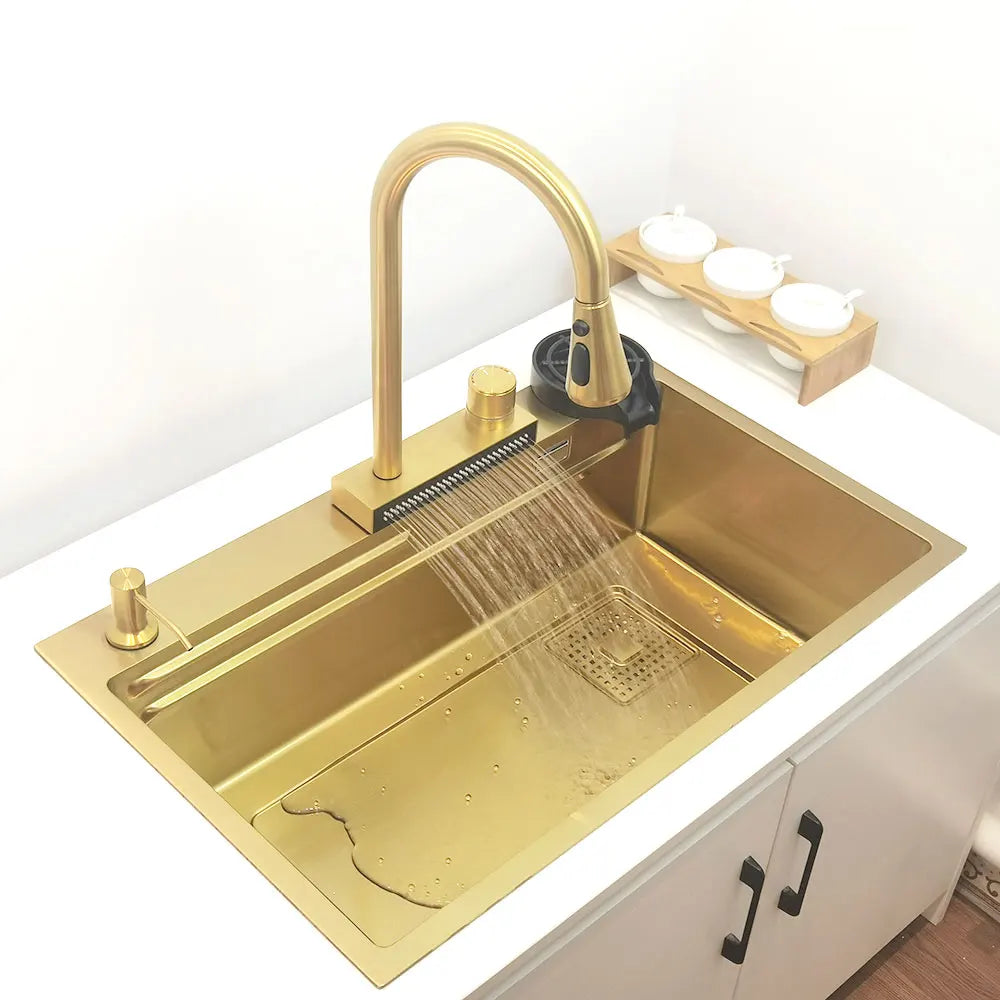 Gold Waterfall Faucet Kitchen Sink Nano Sink 304 Stainless Steel Golden Topmount Single Bowl Wash Basin 4 Function Kitchen Faucet