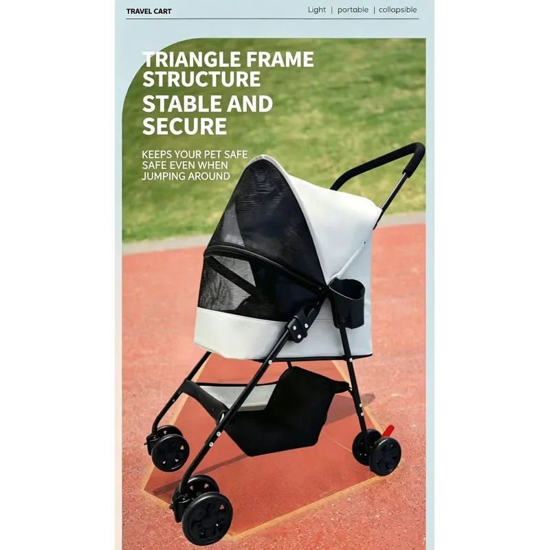 Pet Stroller Lightweight Metal Foldable Multi Tier Carrier Round Handle For Cats Dogs Outdoor Travel