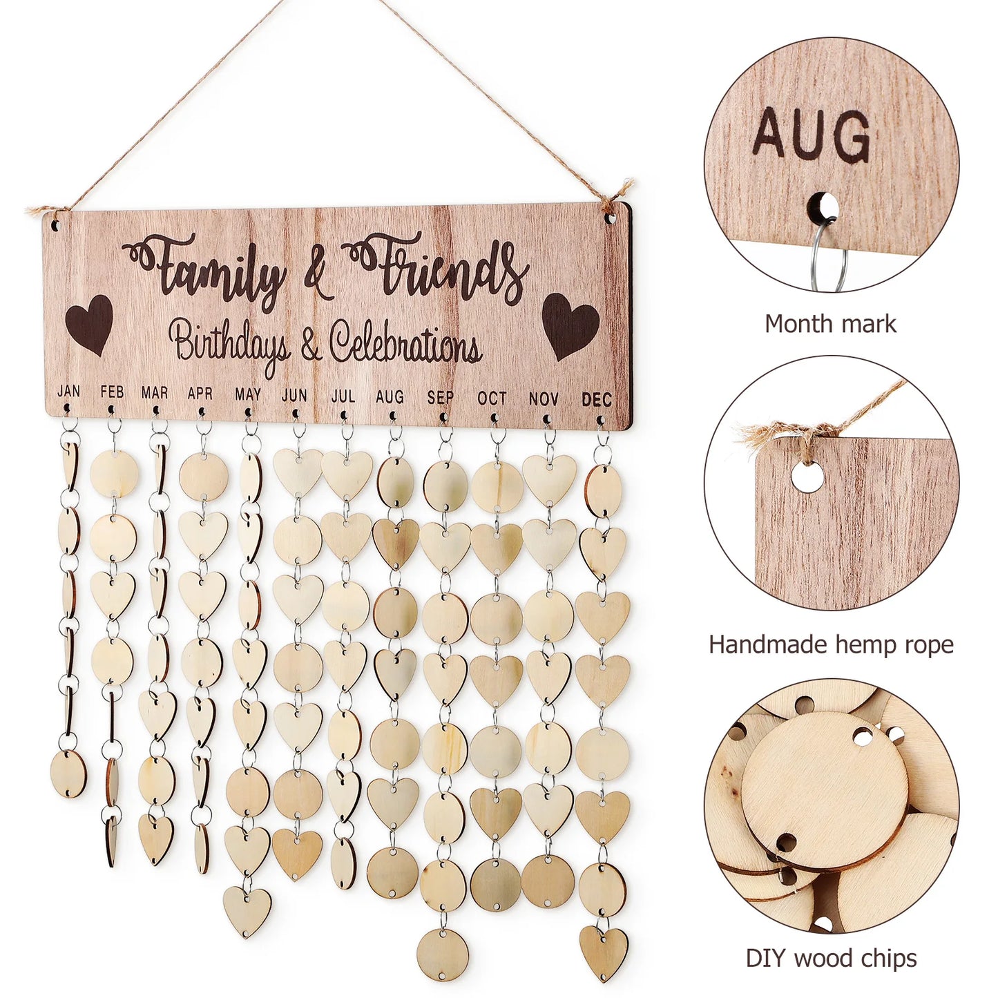 Wooden Birthday Calendar DIY Family Wall Decor Countdown Hanging Board 100 Wood Discs for Home Office Classroom