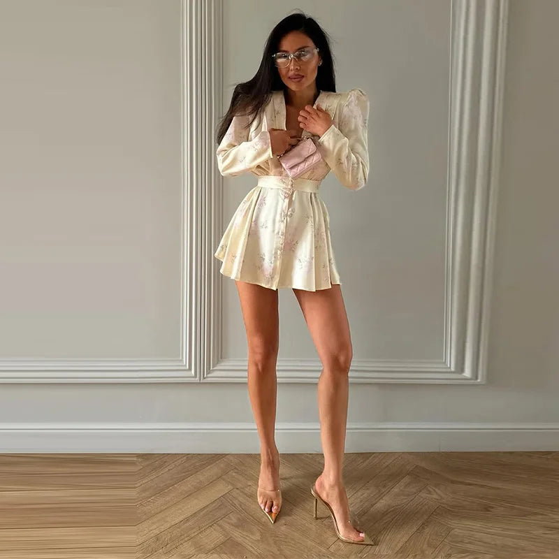 Sexy Women's Dress Deep V-neck Full Sleeve Waistband Two Piece Female Print Floral Sets 2026 Summer Party New Holiday Lady Suit