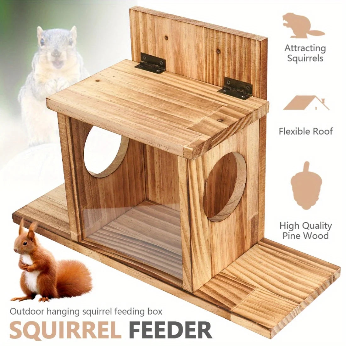 Squirrel Feeder Wooden Construction with Transparent Window Top Cover 2 Side Holes
