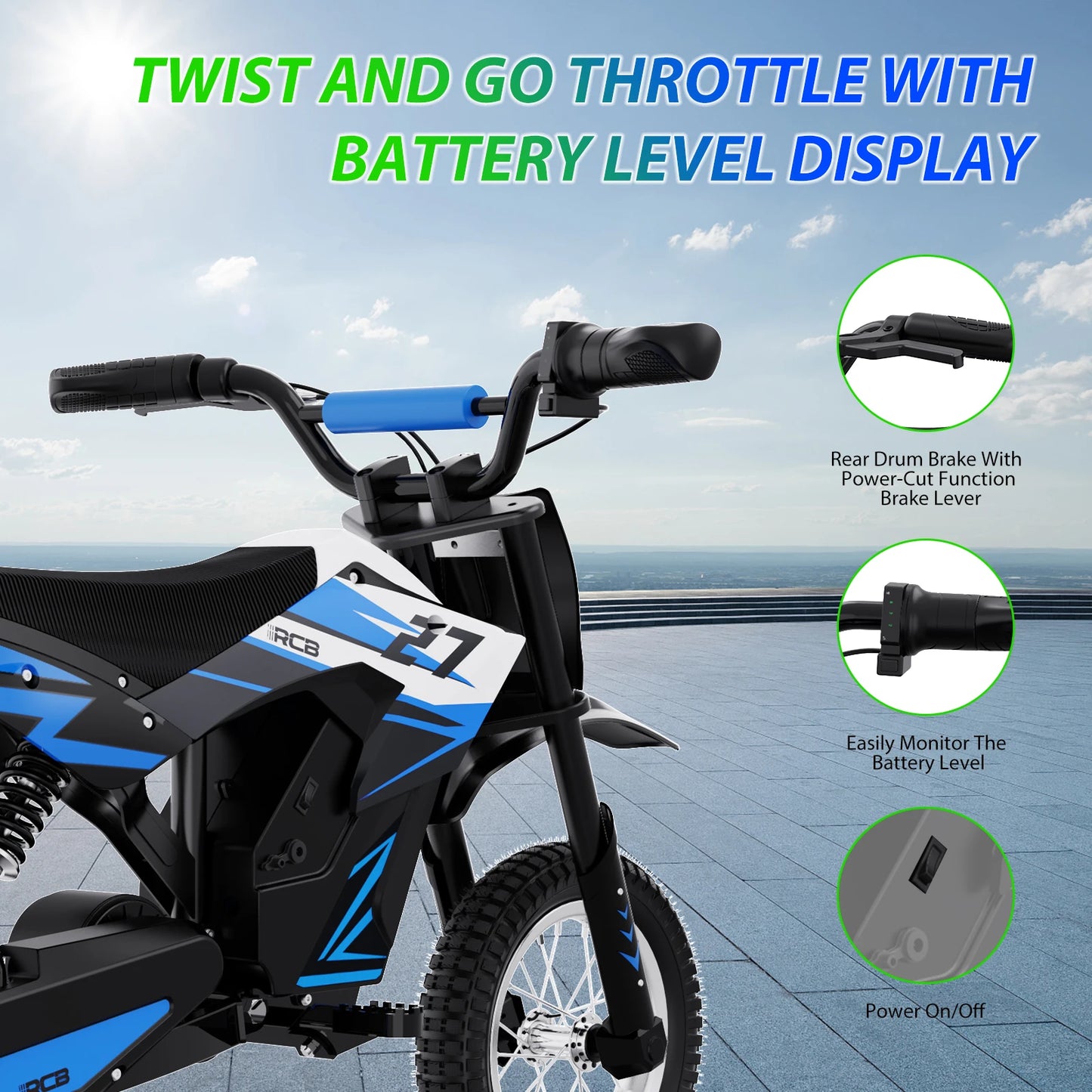 RCB KIDS R9X electric Motorbike child 300W, 36V 5.2Ah,15,5 MPH, 9,3 miles. Secure vehicle, perfect gift for children 3-12