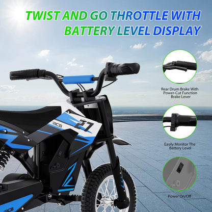 RCB KIDS R9X electric Motorbike child 300W, 36V 5.2Ah,15,5 MPH, 9,3 miles. Secure vehicle, perfect gift for children 3-12