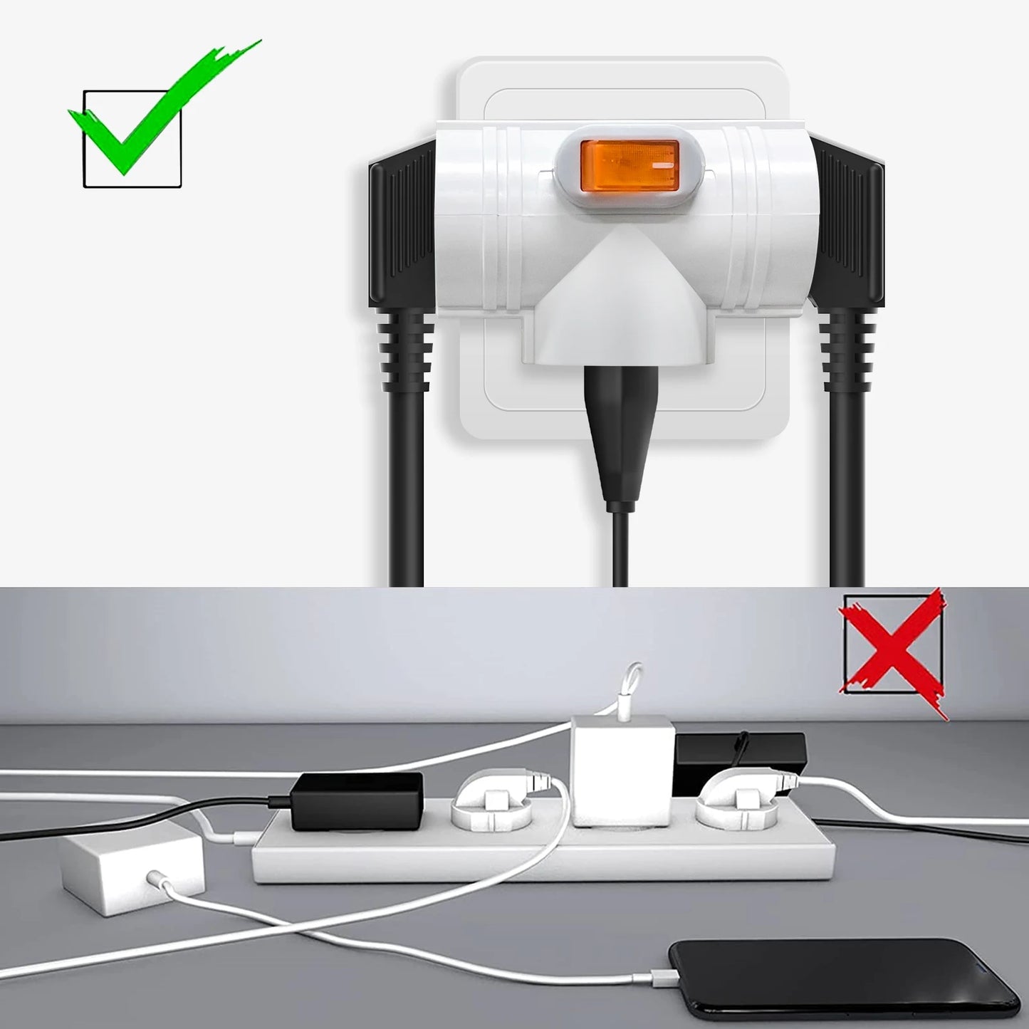 EU Converter Plug Adapter Electrical Socket With Switch German Standard 1 to 3 Way Outlets Double Plug Wall Socket Extender