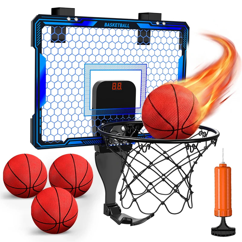 Basketball Hoop Indoor, Mini Basketball Hoop with 7 LED Lighting, Scoreboard, Over Door Basketball Hoop with 3 Modes, Volume Adjustable, Foldable, Basketball Toys for Kids,Birthday Halloween Christmas Gift
