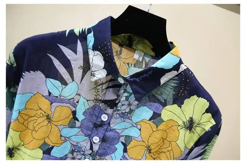 Blue Floral Print Vintage Polo-Neck Single Breasted Long Sleeve Women's Blouse Shirt Casual Female Clothing Tops Fashion 2024