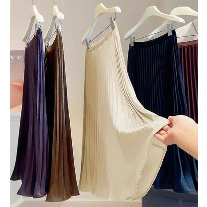 Women Summer Solid Pleated Satin Long Skirt Korean New Fashion Ladies Work Casual Elastic High Waist A Line Party Loose Skirts