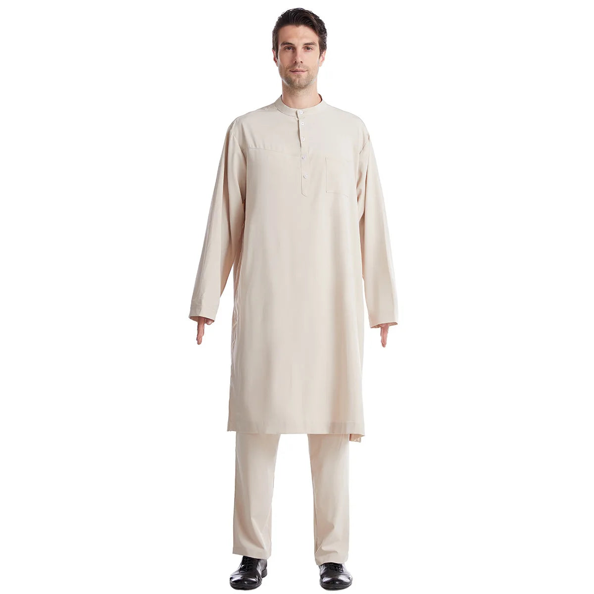 Muslim Men Jubba Thobe 2 Pice Set Top with Pant Mens Abaya Long Islamic Eid 2025 Ramadan Long Robe Saudi Wear Caftan Dubai Arab