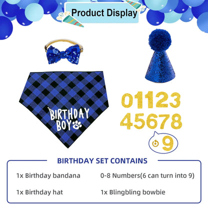 4pcs Dog Birthday Party Supplies, Birthday Boy Dog Bandana, Dog Birthday Hat with Numbers for Medium Large Dogs Pets