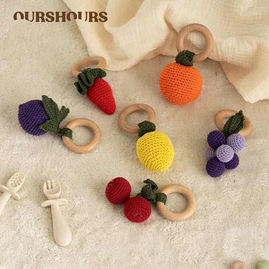 Wooden Baby Teether Cute Fruit Style Handmade Crochet Rattle Toys Newborn Soother Teething Chew Toys for Boys Girls Babies Gifts