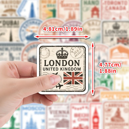50PCS New Passport Stamp Graffiti Stickers Famous Buildings Travel City Cartoon Decal Laptop Phone Cup Helmet Classic Kid Toys