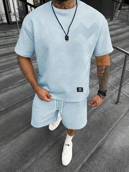 Men's Textured Letter Patched Round Neck Tee & Drawstring Shorts Two-Piece Set Regular Fit Casual Short Sleeve T shirt & Shorts