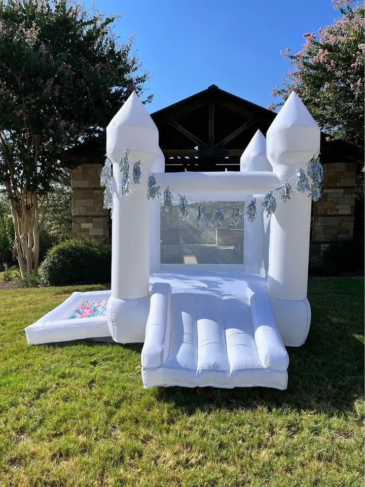 9x9x7ft Toddlers Party Inflatable White Bounce House With Slide And Ball Pit Customization Oxford Bouncy Castle Include Blower