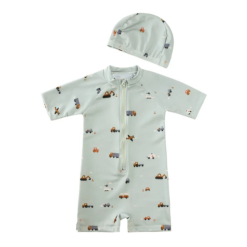 Baby Toddler One-piece Swimsuit With Hat Cartoon Print Kids Short Sleeve Zipper Swimwear Sun Protection For 0-7Y Boys Girls