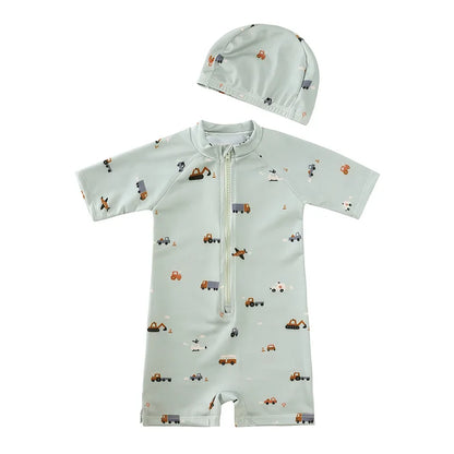 Baby Toddler One-piece Swimsuit With Hat Cartoon Print Kids Short Sleeve Zipper Swimwear Sun Protection For 0-7Y Boys Girls