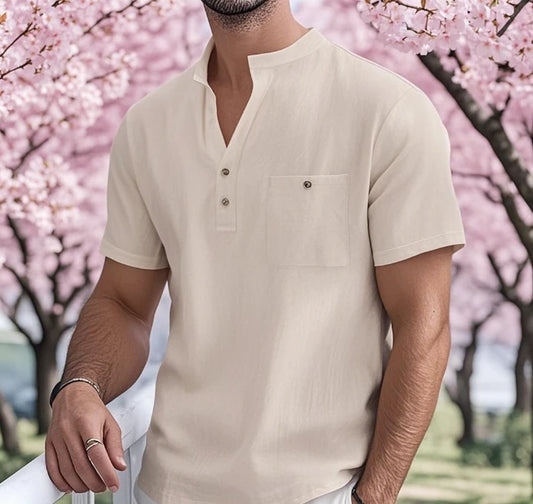 Summer Men's Cotton and Linen Shirt Casual Short Sleeved Stand Up Collar Top Breathable Loose Men's Fashionable Streetwear
